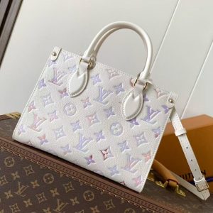 LV OnTheGo 25cm Bag White Purple Pink Embossed Grained Cowhide