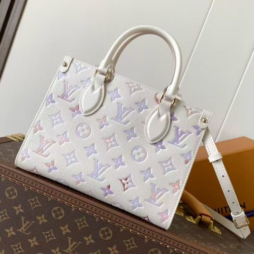 LV OnTheGo 25cm Bag White Purple Pink Embossed Grained Cowhide