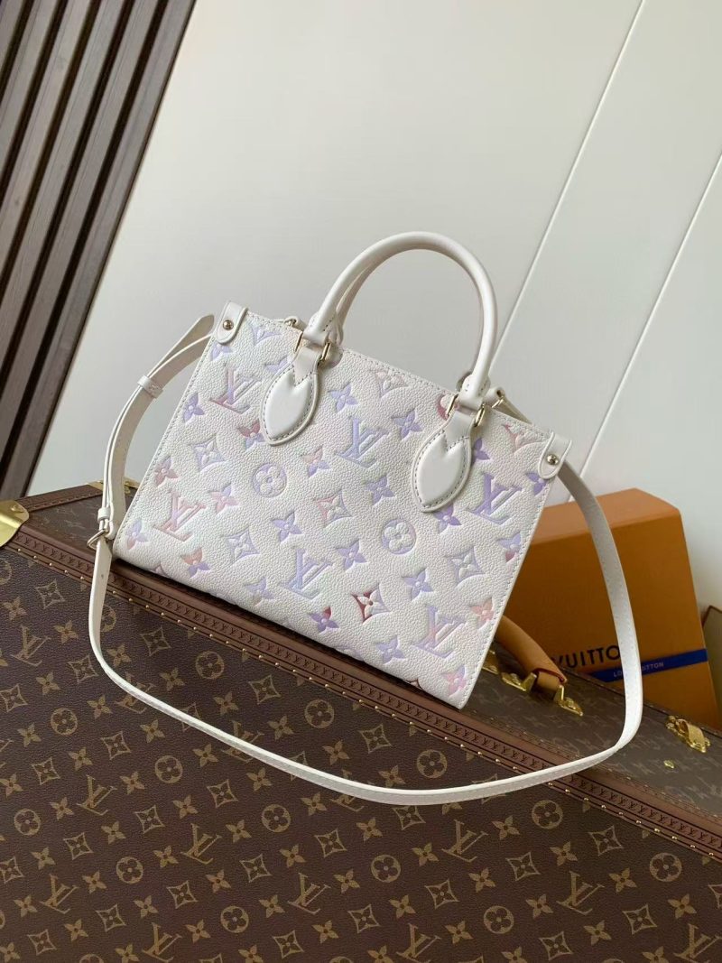 LV OnTheGo 25cm Bag White Purple Pink Embossed Grained Cowhide