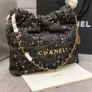 Chanel Hobo 39cm Bag Black Gray Tweed