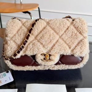 CC 2025 Flap Bag 23.5cm Beige Dark Brown Sherling Lambskin Gold Hardware