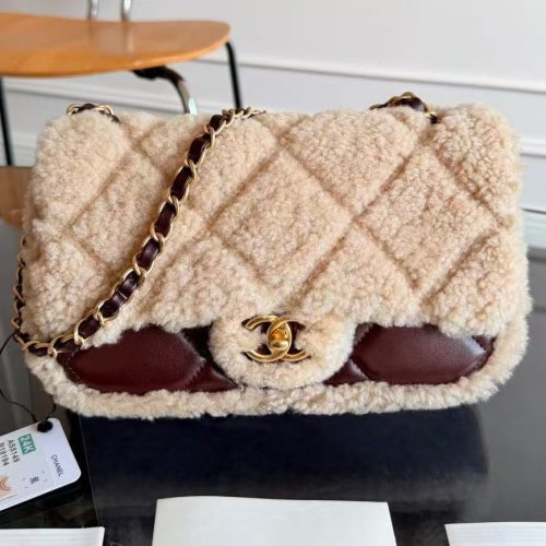 CC 2025 Flap Bag 23.5cm Beige Dark Brown Sherling Lambskin Gold Hardware