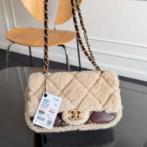 CC 2025 Flap Bag 23.5cm Beige Dark Brown Sherling Lambskin Gold Hardware