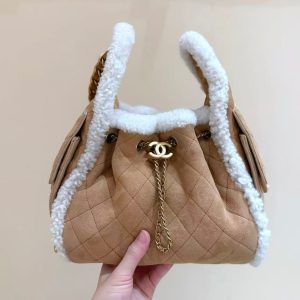 CC 25C Hobo Bag 30cm Brown White Suede Wool Gold Hardware