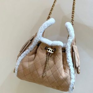CC 25C Hobo Bag 30cm Brown White Suede Wool Gold Hardware