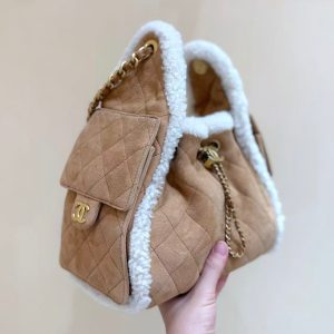 CC 25C Hobo Bag 30cm Brown White Suede Wool Gold Hardware