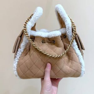 CC 25C Hobo Bag 30cm Brown White Suede Wool Gold Hardware