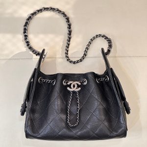 Chanel 2025 Hobo Bag 22cm Black Caviar Leather With Silver Hardware
