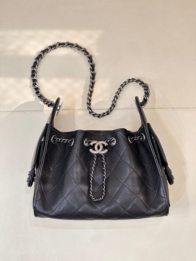 Chanel 2025 Hobo Bag 22cm Black Caviar Leather With Silver Hardware