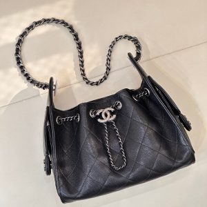 Chanel 2025 Hobo Bag 22cm Black Caviar Leather With Silver Hardware