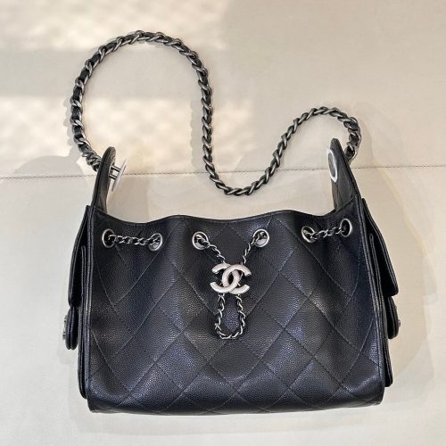 Image_20251230101500_8259_4 Chanel 2025 Hobo Bag 22cm Black Caviar Leather With Silver Hardware