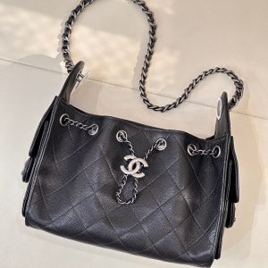 Chanel 2025 Hobo Bag 22cm Black Caviar Leather With Silver Hardware