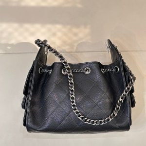Chanel 2025 Hobo Bag 22cm Black Caviar Leather With Silver Hardware
