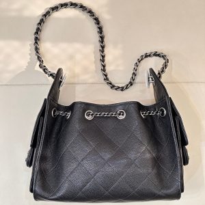 Chanel 2025 Hobo Bag 22cm Black Caviar Leather With Silver Hardware