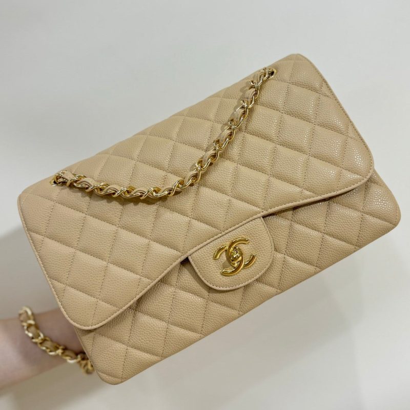 FLAP BAG 30CM GOLD HARDWARE BEIGE CAVIAR