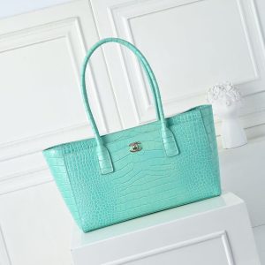 CC 2026 Small Shopping Bag 39cm Light Blue Crocodile Embossed Calfskin