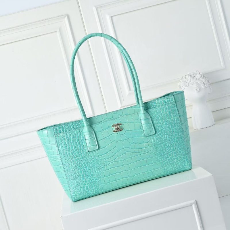 CC 2026 Small Shopping Bag 39cm Light Blue Crocodile Embossed Calfskin