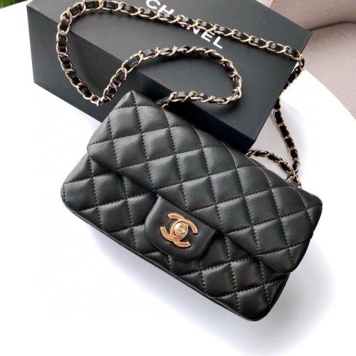 MINI RECTANGLE FLAP BAG 20CM BLACK LAMBSKIN GOLD HARDWARE