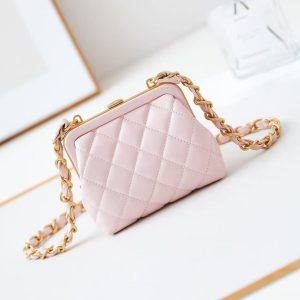 CC 24A Bowknot Kiss Lock Clutch Bag with Chain 13cm Pink Lambskin