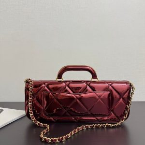 CC Large Flap Bag With Top Handle Burgundy Metallic Calfskin GHW