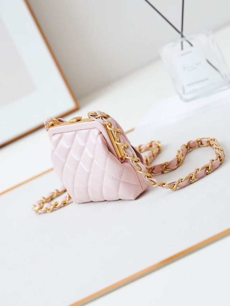 CC 24A Bowknot Kiss Lock Clutch Bag with Chain 13cm Pink Lambskin