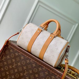 LV 2025 Keepall Bandoulière 25 Off-white mix Camel Canvas Leather 347090