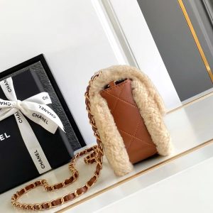 MINI FLAP BAG 18 IN BEIGE WOOL AND GINGER ORANGE CALFSKIN GOLD HARDWARE