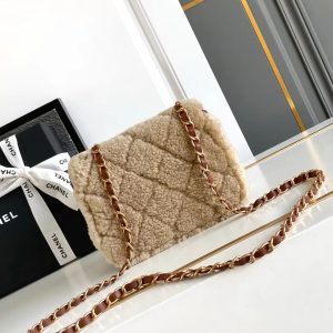 MINI FLAP BAG 18 IN BEIGE WOOL AND GINGER ORANGE CALFSKIN GOLD HARDWARE