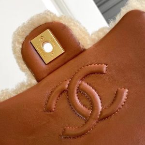 MINI FLAP BAG 18 IN BEIGE WOOL AND GINGER ORANGE CALFSKIN GOLD HARDWARE