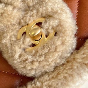 MINI FLAP BAG 18 IN BEIGE WOOL AND GINGER ORANGE CALFSKIN GOLD HARDWARE