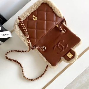 MINI FLAP BAG 18 IN BEIGE WOOL AND GINGER ORANGE CALFSKIN GOLD HARDWARE