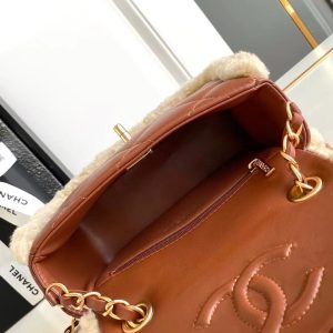 MINI FLAP BAG 18 IN BEIGE WOOL AND GINGER ORANGE CALFSKIN GOLD HARDWARE