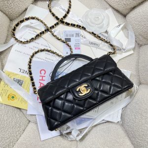CC 25P Mini Flap Bag 22cm Top Handle Black Calfskin Gold Hardware