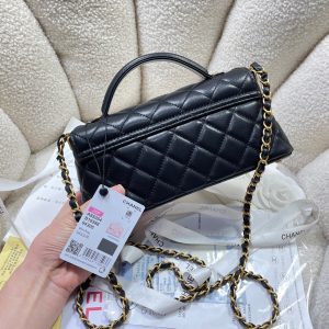 CC 25P Mini Flap Bag 22cm Top Handle Black Calfskin Gold Hardware
