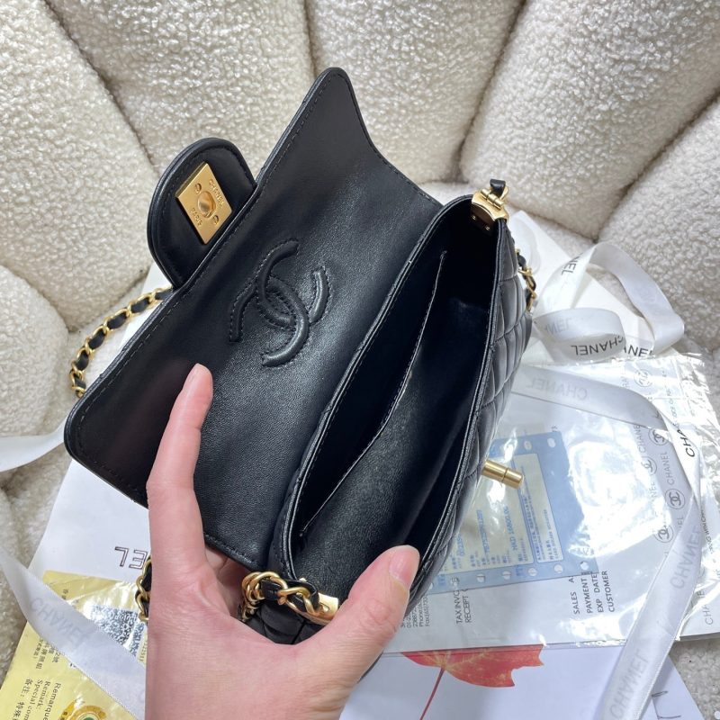 CC 25P Mini Flap Bag 22cm Top Handle Black Calfskin Gold Hardware