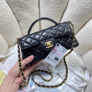 CC 25P Mini Flap Bag 22cm Top Handle Black Calfskin Gold Hardware