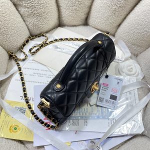 CC 25P Mini Flap Bag 22cm Top Handle Black Calfskin Gold Hardware
