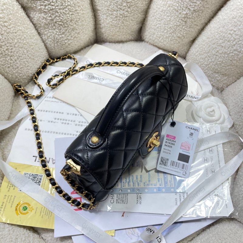 CC 25P Mini Flap Bag 22cm Top Handle Black Calfskin Gold Hardware