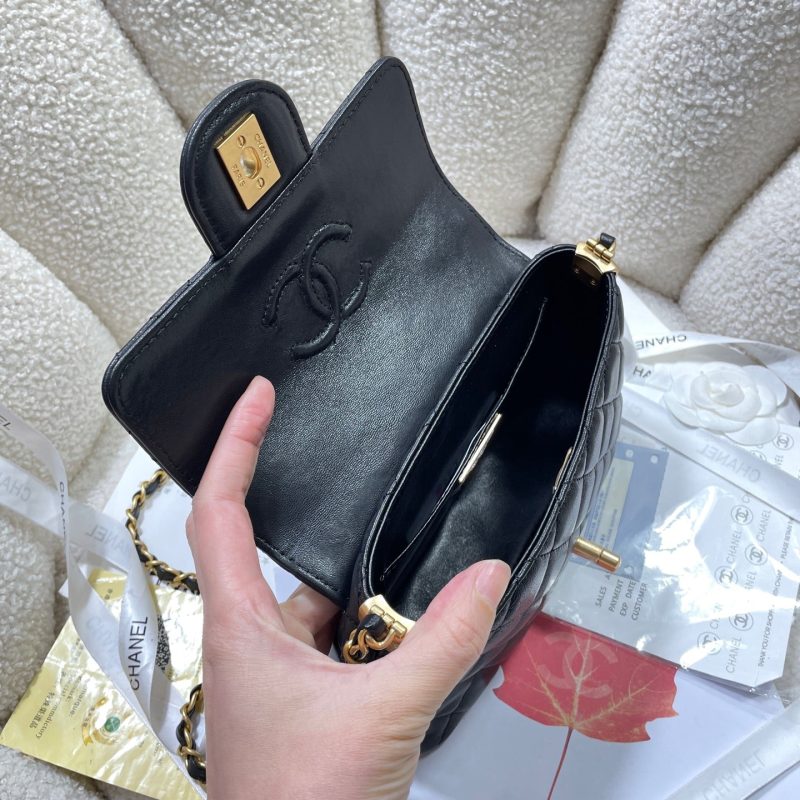 CC 25P Mini Flap Bag 20cm Top Handle Black Calfskin Gold Hardware