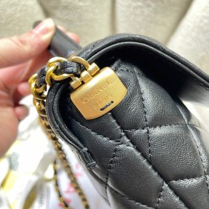 CC 25P Medium Flap Bag 25cm Top Handle Black Calfskin Gold Hardware