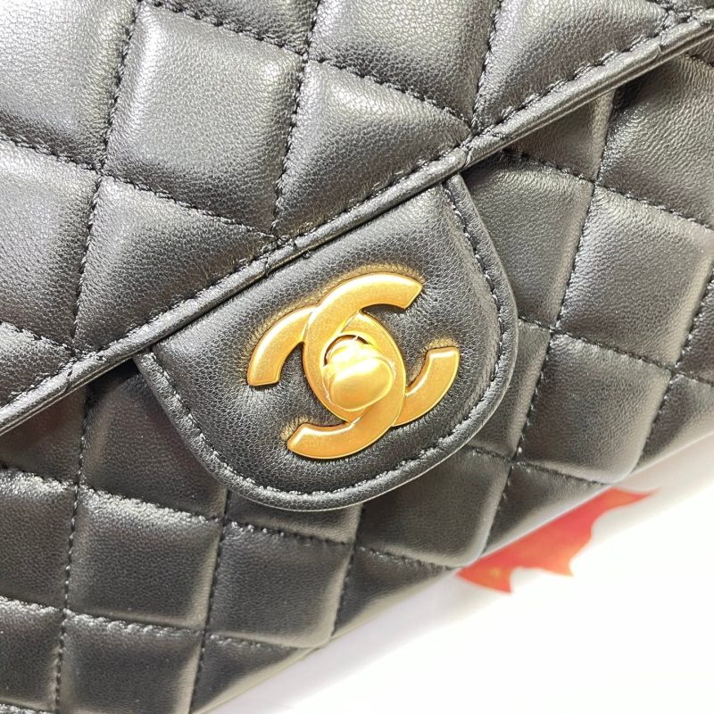 CC 25P Medium Flap Bag 25cm Top Handle Black Calfskin Gold Hardware