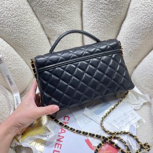 CC 25P Medium Flap Bag 25cm Top Handle Black Calfskin Gold Hardware