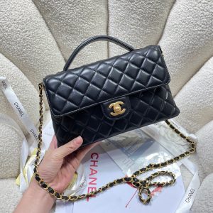 CC 25P Medium Flap Bag 25cm Top Handle Black Calfskin Gold Hardware