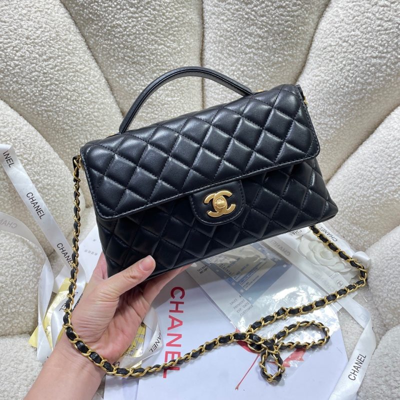 CC 25P Medium Flap Bag 25cm Top Handle Black Calfskin Gold Hardware