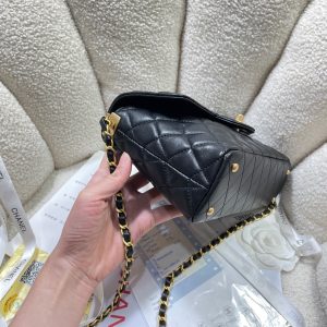 CC 25P Medium Flap Bag 25cm Top Handle Black Calfskin Gold Hardware