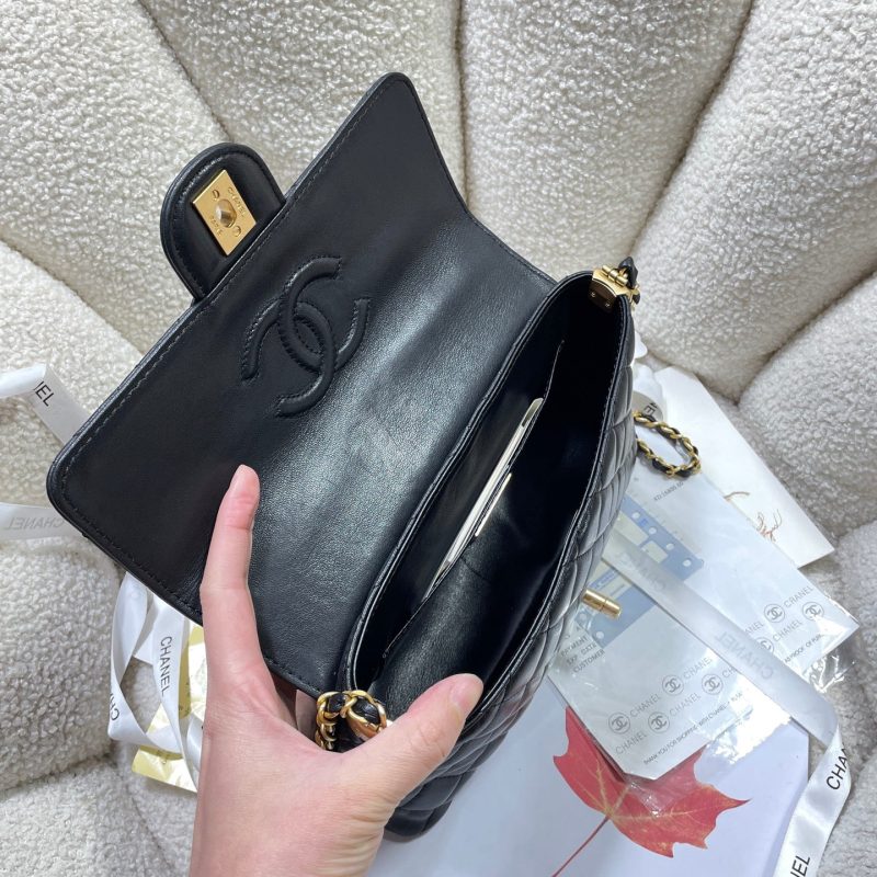 CC 25P Medium Flap Bag 25cm Top Handle Black Calfskin Gold Hardware