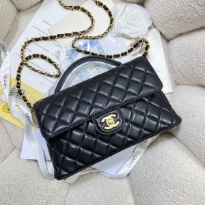 CC 25P Medium Flap Bag 25cm Top Handle Black Calfskin Gold Hardware