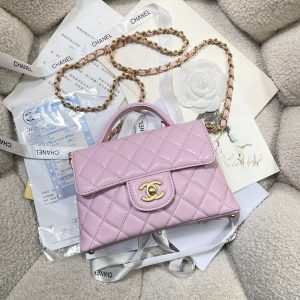 CC 25P Mini Flap Bag 20cm Top Handle Pink Calfskin Gold Hardware