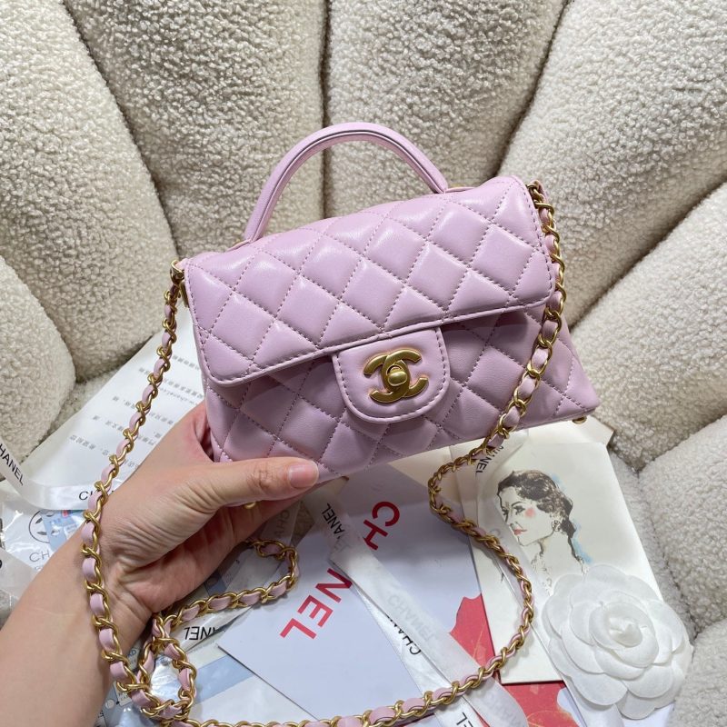 CC 25P Mini Flap Bag 20cm Top Handle Pink Calfskin Gold Hardware