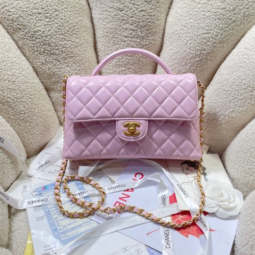 CC 25P Medium Flap Bag 25cm Top Handle Pink Calfskin Gold Hardware